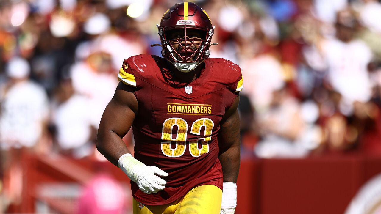 LANDOVER, MARYLAND - OCTOBER 06: Jonathan Allen #93 of the Washington Commanders reacts against the Cleveland Browns at Northwest Stadium on October 06, 2024 in Landover, Maryland.