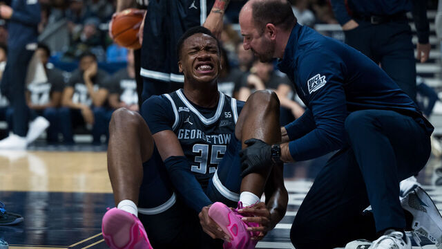 INDIANAPOLIS, IN - FEBRUARY 15: Georgetown Hoyas forward Thomas Sorber (35) gets injured during the men's college basketball game between the Butler Bulldogs and Georgetown Hoyas on February 15, 2025, at Hinkle Fieldhouse in Indianapolis, IN.