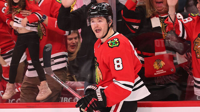 CHICAGO, ILLINOIS - FEBRUARY 07: Ryan Donato #8 of the Chicago Blackhawks celebrates after scoring a goal against the Nashville Predators during the second period at the United Center on February 07, 2025 in Chicago, Illinois.
