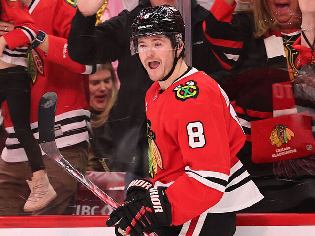CHICAGO, ILLINOIS - FEBRUARY 07: Ryan Donato #8 of the Chicago Blackhawks celebrates after scoring a goal against the Nashville Predators during the second period at the United Center on February 07, 2025 in Chicago, Illinois.