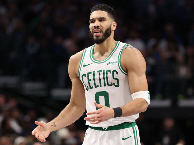 DALLAS, TEXAS - JANUARY 25: Jayson Tatum #0 of the Boston Celtics reacts during the second half against the Dallas Mavericks at American Airlines Center on January 25, 2025 in Dallas, Texas. NOTE TO USER: User expressly acknowledges and agrees that, by downloading and/or using this photograph, user is consenting to the terms and conditions of the Getty Images License Agreement.