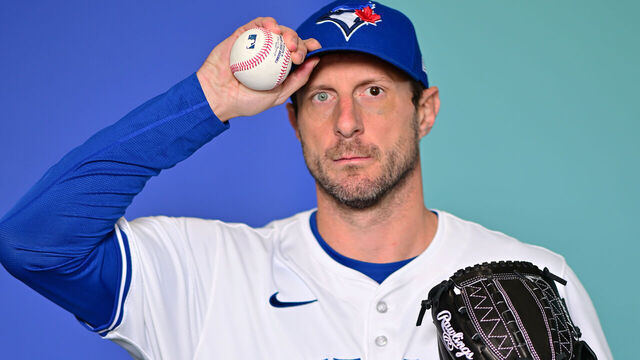 DUNEDIN, FLORIDA - FEBRUARY 21: Max Scherzer #30 of the Toronto Blue Jays poses for a portrait during the 2025 Toronto Blue Jays Photo day at the Player Development Complex on February 21, 2025 in Dunedin, Florida.