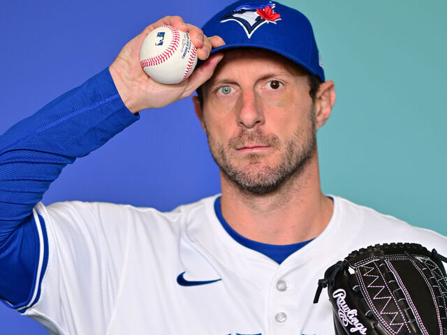 DUNEDIN, FLORIDA - FEBRUARY 21: Max Scherzer #30 of the Toronto Blue Jays poses for a portrait during the 2025 Toronto Blue Jays Photo day at the Player Development Complex on February 21, 2025 in Dunedin, Florida.