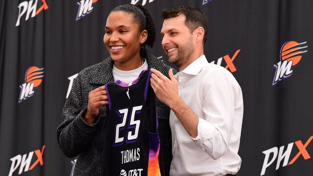 PHOENIX, AZ - FEBRUARY 25- The Phoenix Mercury hold an introductory press conference to introduce Alyssa Thomas as she poses with GM Nick U'ren at Player15 HQ in Phoenix, Arizona. Mandatory Copyright Notice: Copyright 2025 NBAE