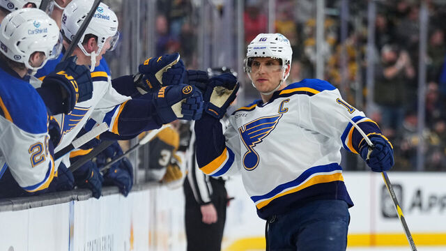 LAS VEGAS, NEVADA - JANUARY 20: Brayden Schenn #10 of the St. Louis Blues celebrates with teammates after a goal in a shoot out against the Vegas Golden Knights at T-Mobile Arena on January 20, 2025 in Las Vegas, Nevada.