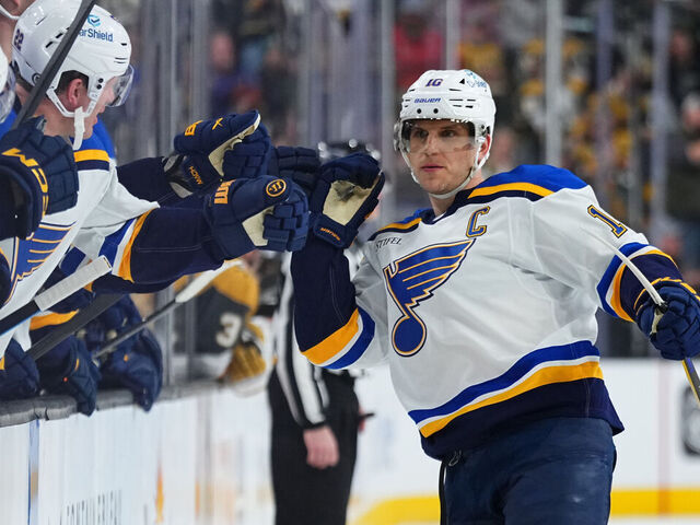 LAS VEGAS, NEVADA - JANUARY 20: Brayden Schenn #10 of the St. Louis Blues celebrates with teammates after a goal in a shoot out against the Vegas Golden Knights at T-Mobile Arena on January 20, 2025 in Las Vegas, Nevada.