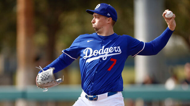 GLENDALE, ARIZONA - FEBRUARY 16: Blake Snell #7 of the Los Angeles Dodgers participates in a fielding drill during spring training workouts at Camelback Ranch on February 16, 2025 in Glendale, Arizona.