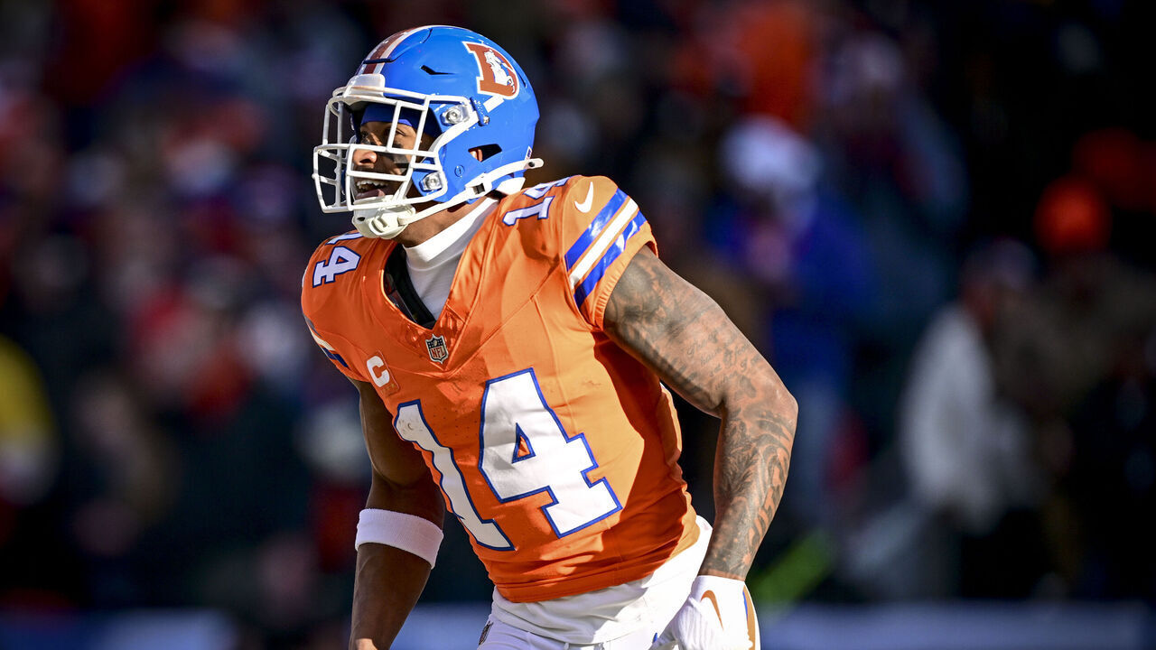 DENVER, CO - JANUARY 5: Courtland Sutton (14) of the Denver Broncos celebrates his receiving touchdown during the first quarter against the Kansas City Chiefs at Empower Field at Mile High on Sunday, January 5, 2025.