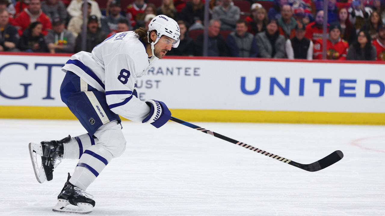 CHICAGO, IL - FEBRUARY 23: Chris Tanev #8 of the Toronto Maple Leafs skates in action during the first period against the Chicago Blackhawks on February 23, 2025 at the United Center in Chicago, Illinois.