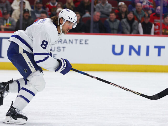 CHICAGO, IL - FEBRUARY 23: Chris Tanev #8 of the Toronto Maple Leafs skates in action during the first period against the Chicago Blackhawks on February 23, 2025 at the United Center in Chicago, Illinois.