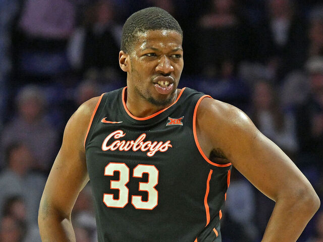 MANHATTAN, KS - JANUARY 29: Abou Ousmane #33 of the Oklahoma State Cowboys looks to the sideling in the second half of a game against the Kansas State Wildcats at Bramlage Coliseum on January 29, 2025 in Manhattan, Kansas.