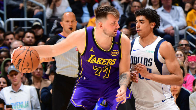 LOS ANGELES, CA - FEBRUARY 25: Luka Doncic #77 of the Los Angeles Lakers dribbles the ball during the game against the Dallas Mavericks on February 25, 2025 at Crypto.Com Arena in Los Angeles, California. NOTE TO USER: User expressly acknowledges and agrees that, by downloading and/or using this Photograph, user is consenting to the terms and conditions of the Getty Images License Agreement. Mandatory Copyright Notice: Copyright 2025 NBAE