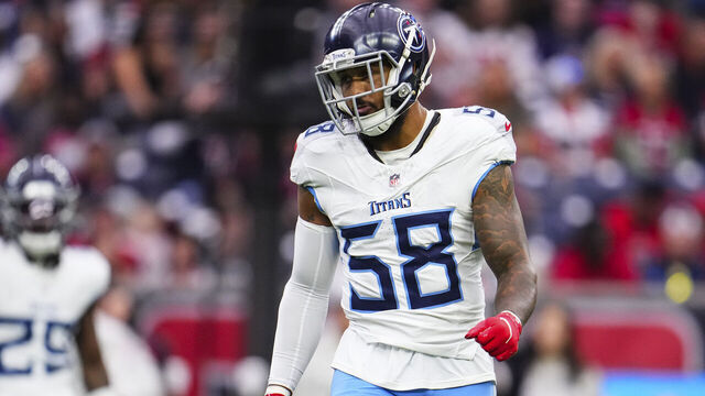 HOUSTON, TX - NOVEMBER 24: Harold Landry III #58 of the Tennessee Titans looks on from the field during an NFL football game against the Houston Texans at NRG Stadium on November 24, 2024 in Houston, Texas.