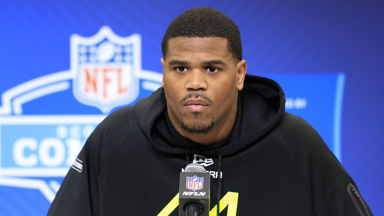 INDIANAPOLIS, INDIANA - FEBRUARY 26: Abdul Carter #DL44 of Penn State speaks to the media during the NFL Combine at the Indiana Convention Center on February 26, 2025 in Indianapolis, Indiana.