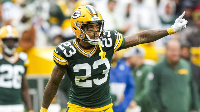 GREEN BAY, WISCONSIN - OCTOBER 13: Cornerback Jaire Alexander #23 of the Green Bay Packers gets set during the second quarter of an NFL football game against the Arizona Cardinals, at Lambeau Field on October 13, 2024 in Green Bay, Wisconsin.