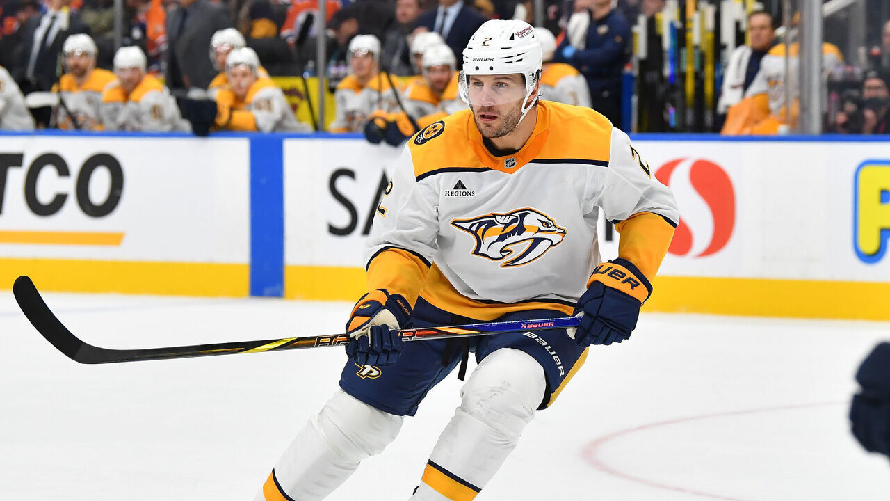 EDMONTON, CANADA - NOVEMBER 14: Luke Schenn #2 of the Nashville Predators in action during the game against the Edmonton Oilers at Rogers Place on November 14, 2024, in Edmonton, Alberta, Canada.