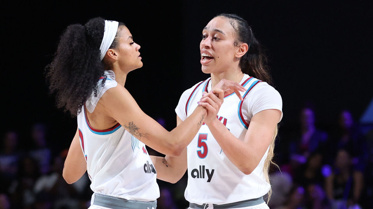 MEDLEY, FLORIDA - FEBRUARY 03: Rae Burrell #12 and Dearica Hamby #5 of the Vinyl reacts during the second quarter against the Lunar Owls at Wayfair Arena on February 03, 2025 in Medley, Florida.