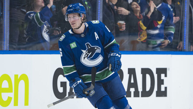 VANCOUVER, CANADA - FEBRUARY 4: Brock Boeser #6 of the Vancouver Canucks reacts after scoring during their NHL game against the Colorado Avalanche at Rogers Arena on February 4, 2025 in Vancouver, British Columbia, Canada.