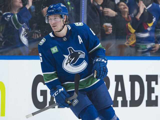 VANCOUVER, CANADA - FEBRUARY 4: Brock Boeser #6 of the Vancouver Canucks reacts after scoring during their NHL game against the Colorado Avalanche at Rogers Arena on February 4, 2025 in Vancouver, British Columbia, Canada.