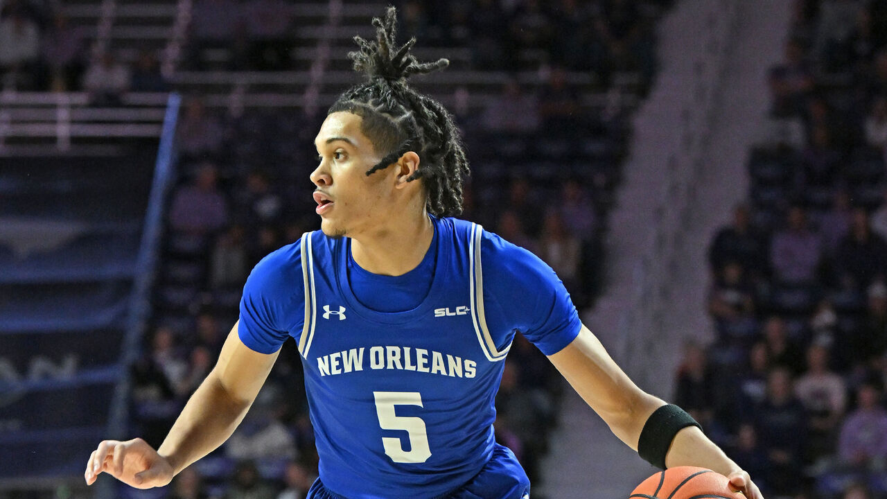 MANHATTAN, KS - NOVEMBER 05: James White #5 of the New Orleans Privateers dribbles the ball in the first half against the Kansas State Wildcats at Bramlage Coliseum on November 5, 2024 in Manhattan, Kansas.