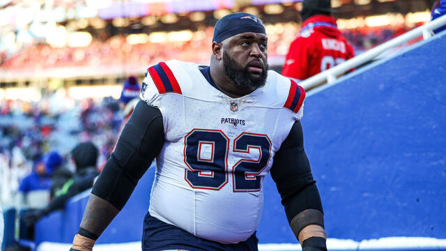 ORCHARD PARK, NEW YORK - DECEMBER 22: Davon Godchaux #92 of the New England Patriots looks on prior to a game against the Buffalo Bills at Highmark Stadium on December 22, 2024 in Orchard Park, New York.