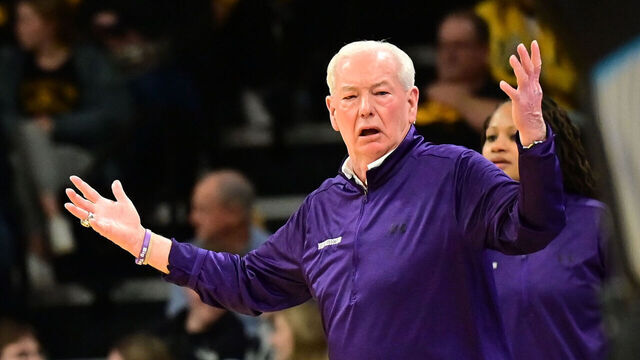 IOWA CITY, IA - JANUARY 28 - Northwestern head coach Joe McKeown reacts to an official's call during a Big Ten women's basketball game between the Northwestern Wildcats and the Iowa Hawkeyes on January 28, 2025, at Carver-Hawkeye Arena, Iowa City, IA.