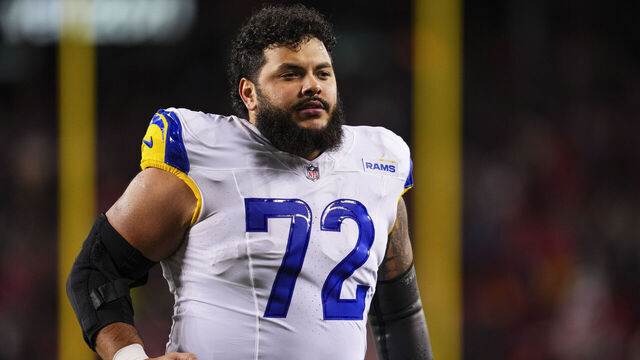 SANTA CLARA, CA - DECEMBER 12: Jonah Jackson #72 of the Los Angeles Rams runs across the field during an NFL football game against the San Francisco 49ers at Levi's Stadium on December 12, 2024 in Santa Clara, California.