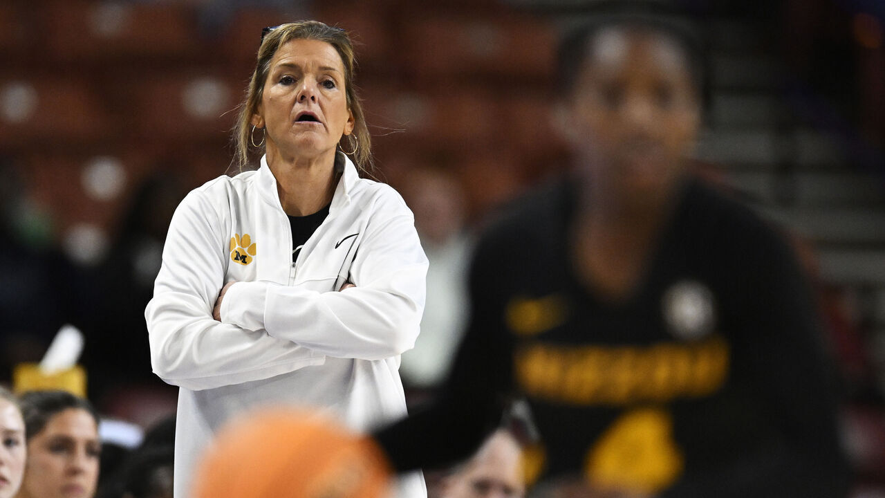 GREENVILLE, SOUTH CAROLINA - MARCH 06: Head coach Robin Pingeton of the Missouri Tigers looks on against the Florida Gatorsin the first quarter during the first round of the SEC Women's Basketball Tournament at Bon Secours Wellness Arena on March 06, 2024 in Greenville, South Carolina.