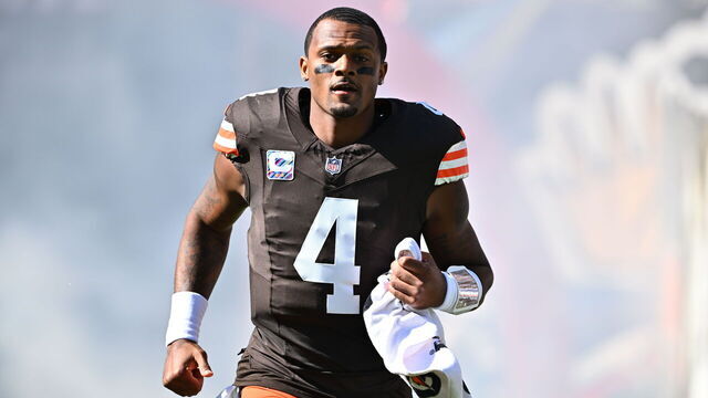 CLEVELAND, OHIO - OCTOBER 20: Quarterback Deshaun Watson #4 of the Cleveland Browns reacts during player introductions prior to the game against the Cincinnati Bengals at Cleveland Browns Stadium on October 20, 2024 in Cleveland, Ohio.