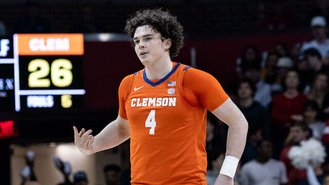 DALLAS, TX - FEBRUARY 22: Clemson Tigers forward Ian Schieffelin (#4) celebrates after making a three pointer during the college basketball game between the SMU Mustangs and the Clemson Tigers on February 22, 2025, at Moody Coliseum in Dallas, TX.