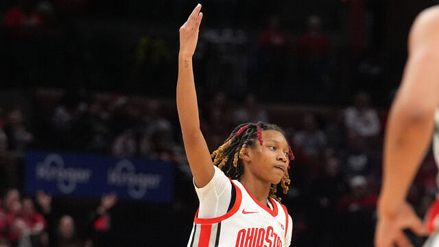 COLUMBUS, OHIO - FEBRUARY 26: Jaloni Cambridge #22 of the Ohio State Buckeyes reacts to making a three point basket during the third quarter against the Michigan State Spartans at Value City Arena on February 26, 2025 in Columbus, Ohio.