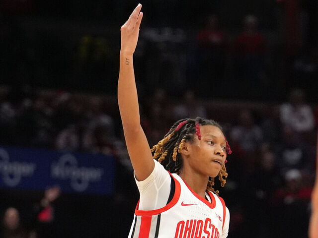 COLUMBUS, OHIO - FEBRUARY 26: Jaloni Cambridge #22 of the Ohio State Buckeyes reacts to making a three point basket during the third quarter against the Michigan State Spartans at Value City Arena on February 26, 2025 in Columbus, Ohio.