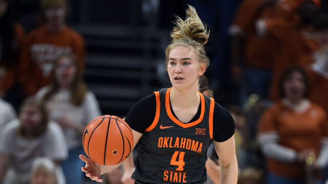 AUSTIN, TX - JANUARY 28: Oklahoma State Cowgirl Anna Gret Asi (4) drives down court during the game featuring the Oklahoma State Cowgirls and Texas Longhorns on January 28, 2023, at the Moody Center in Austin, TX.