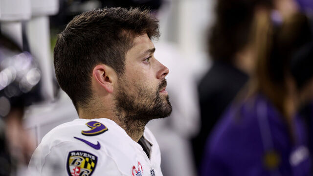 HOUSTON, TEXAS - DECEMBER 25: Justin Tucker #9 of the Baltimore Ravens sits on the bench in the second half against the Houston Texans at NRG Stadium on December 25, 2024 in Houston, Texas.