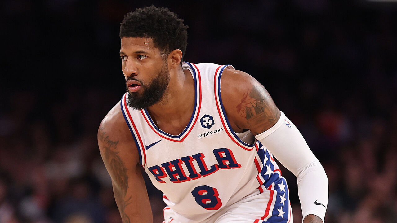 NEW YORK, NEW YORK - FEBRUARY 26: Paul George #8 of the Philadelphia 76ers in action against OG Anunoby #8 of the New York Knicks during their game at Madison Square Garden on February 26, 2025 in New York City. User expressly acknowledges and agrees that, by downloading and or using this photograph, User is consenting to the terms and conditions of the Getty Images License Agreement.