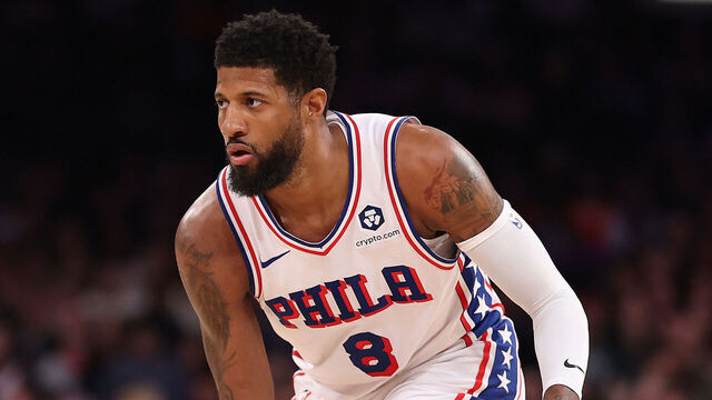 NEW YORK, NEW YORK - FEBRUARY 26: Paul George #8 of the Philadelphia 76ers in action against OG Anunoby #8 of the New York Knicks during their game at Madison Square Garden on February 26, 2025 in New York City. User expressly acknowledges and agrees that, by downloading and or using this photograph, User is consenting to the terms and conditions of the Getty Images License Agreement.