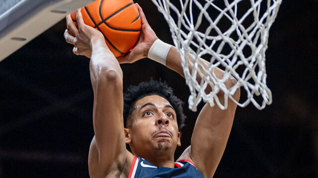 INDIANAPOLIS, INDIANA - FEBRUARY 26: RJ Luis Jr. #12 of the St. John's Red Storm goes up for a dunk during the first half against the Butler Bulldogs at Hinkle Fieldhouse on February 26, 2025 in Indianapolis, Indiana.
