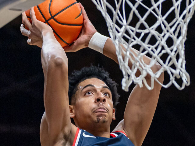 INDIANAPOLIS, INDIANA - FEBRUARY 26: RJ Luis Jr. #12 of the St. John's Red Storm goes up for a dunk during the first half against the Butler Bulldogs at Hinkle Fieldhouse on February 26, 2025 in Indianapolis, Indiana.