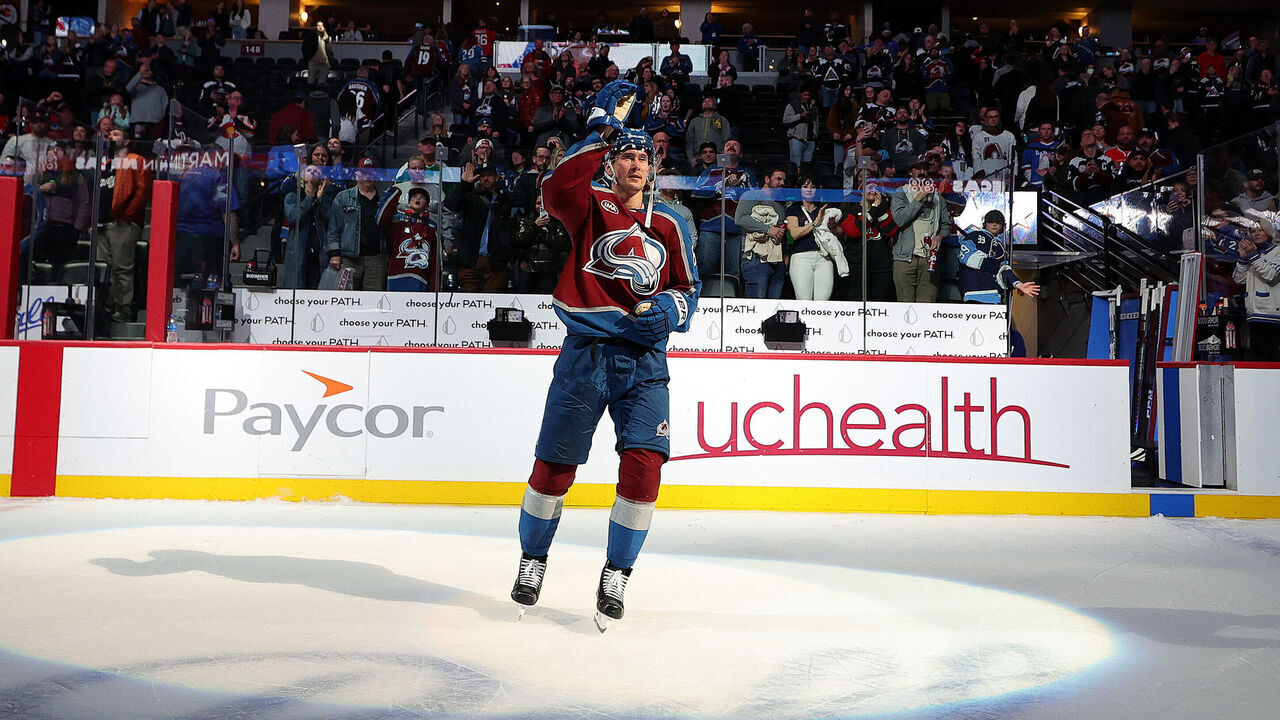 DENVER, COLORADO - FEBRUARY 26: Martin Necas #88 of the Colorado Avalanche is named second star of the game against the New Jersey Devils at Ball Arena on February 26, 2025 in Denver, Colorado.