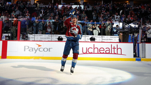 DENVER, COLORADO - FEBRUARY 26: Martin Necas #88 of the Colorado Avalanche is named second star of the game against the New Jersey Devils at Ball Arena on February 26, 2025 in Denver, Colorado.