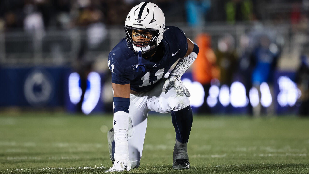 STATE COLLEGE, PA - NOVEMBER 30: Abdul Carter #11 of the Penn State Nittany Lions lines up against the Maryland Terrapins during the second half at Beaver Stadium on November 30, 2024 in State College, Pennsylvania.