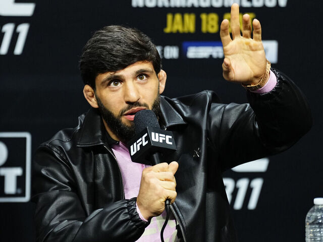 INGLEWOOD, CALIFORNIA - JANUARY 16: Arman Tsarukyan of Georgia is seen on stage during the UFC 311 press conference at Intuit Dome on January 16, 2025 in Inglewood, California.