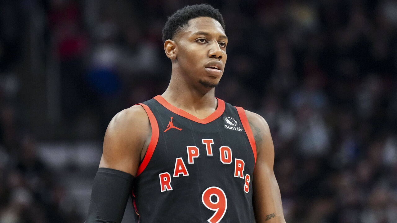 TORONTO, CANADA - FEBRUARY 23: RJ Barrett #9 of the Toronto Raptors looks on against the Phoenix Suns at Scotiabank Arena on February 23, 2025 in Toronto, Canada.