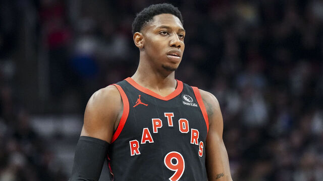 TORONTO, CANADA - FEBRUARY 23: RJ Barrett #9 of the Toronto Raptors looks on against the Phoenix Suns at Scotiabank Arena on February 23, 2025 in Toronto, Canada.