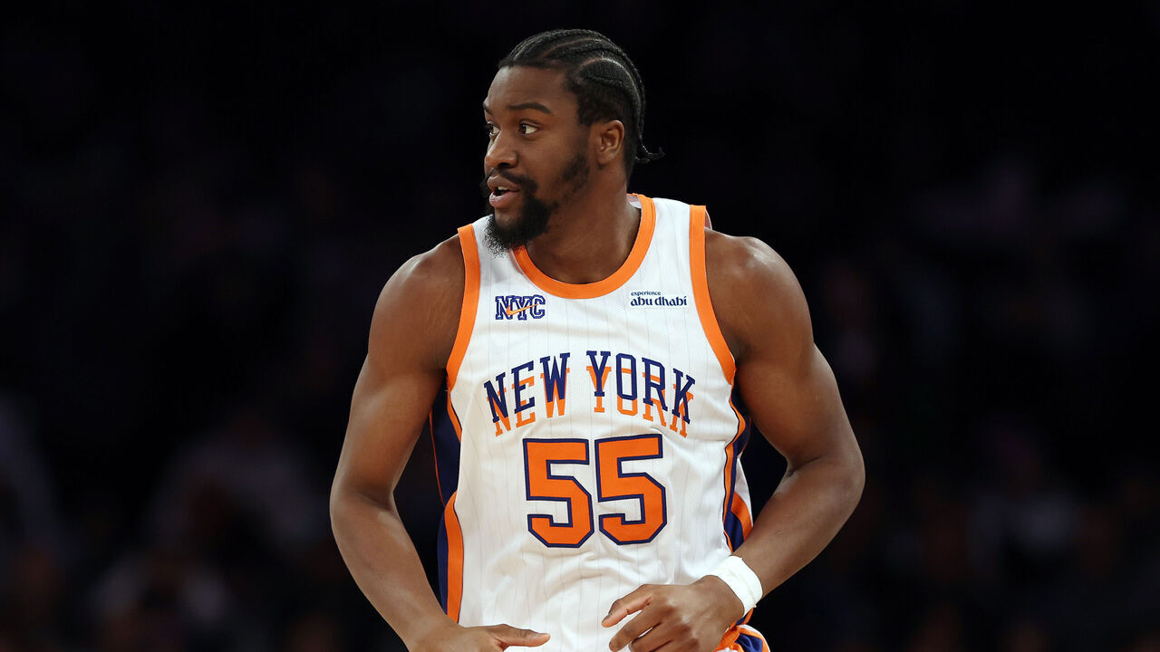 NEW YORK, NEW YORK - JANUARY 17: Ariel Hukporti #55 of the New York Knicks in action during the game against the Minnesota Timberwolves at Madison Square Garden on January 17, 2025 in New York City. The Timberwolves won 116-99.