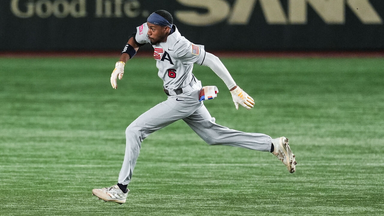 TOKYO, JAPAN - NOVEMBER 24: Chandler Simpson #6 of Team USA runs to second base after hitting a double in the 5th inning during the WBSC Premier12 Bronze Medal game between USA and Venezuela at Tokyo Dome on November 24, 2024 in Tokyo, Japan.