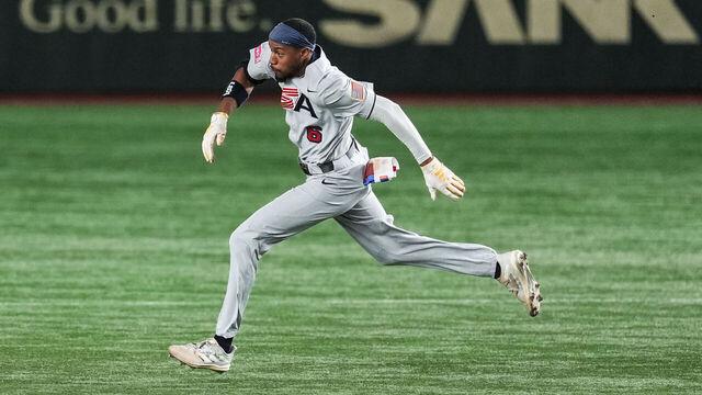 TOKYO, JAPAN - NOVEMBER 24: Chandler Simpson #6 of Team USA runs to second base after hitting a double in the 5th inning during the WBSC Premier12 Bronze Medal game between USA and Venezuela at Tokyo Dome on November 24, 2024 in Tokyo, Japan.