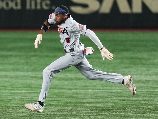 TOKYO, JAPAN - NOVEMBER 24: Chandler Simpson #6 of Team USA runs to second base after hitting a double in the 5th inning during the WBSC Premier12 Bronze Medal game between USA and Venezuela at Tokyo Dome on November 24, 2024 in Tokyo, Japan.