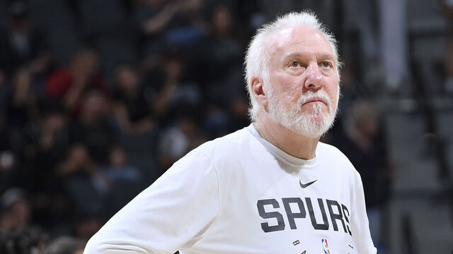 San Antonio TX, - October 19, 2024: Head Coach Gregg Popovich of the San Antonio Spurs looks on during the Spurs Open Scrimmage on October 19, 2024 at the Frost Bank Center in San Antonio, Texas. Mandatory Copyright Notice: Copyright 2024 NBAE (Photos by Michael Gonzales/NBAE via Getty Images)