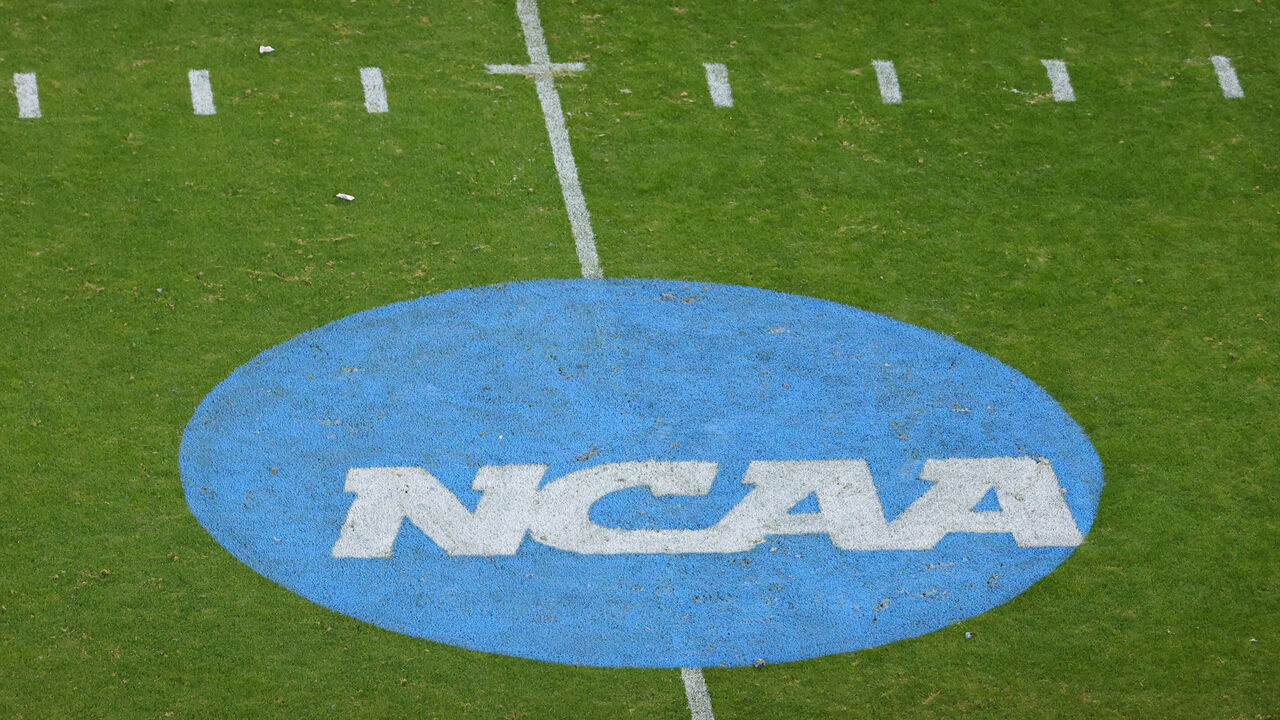 FRISCO, TEXAS - JANUARY 6: A NCAA logo is seen between the North Dakota State Bison and the Montana State Bobcats during the Division I FCS Football Championship held at Toyota Stadium on January 6, 2025 in Frisco, Texas.